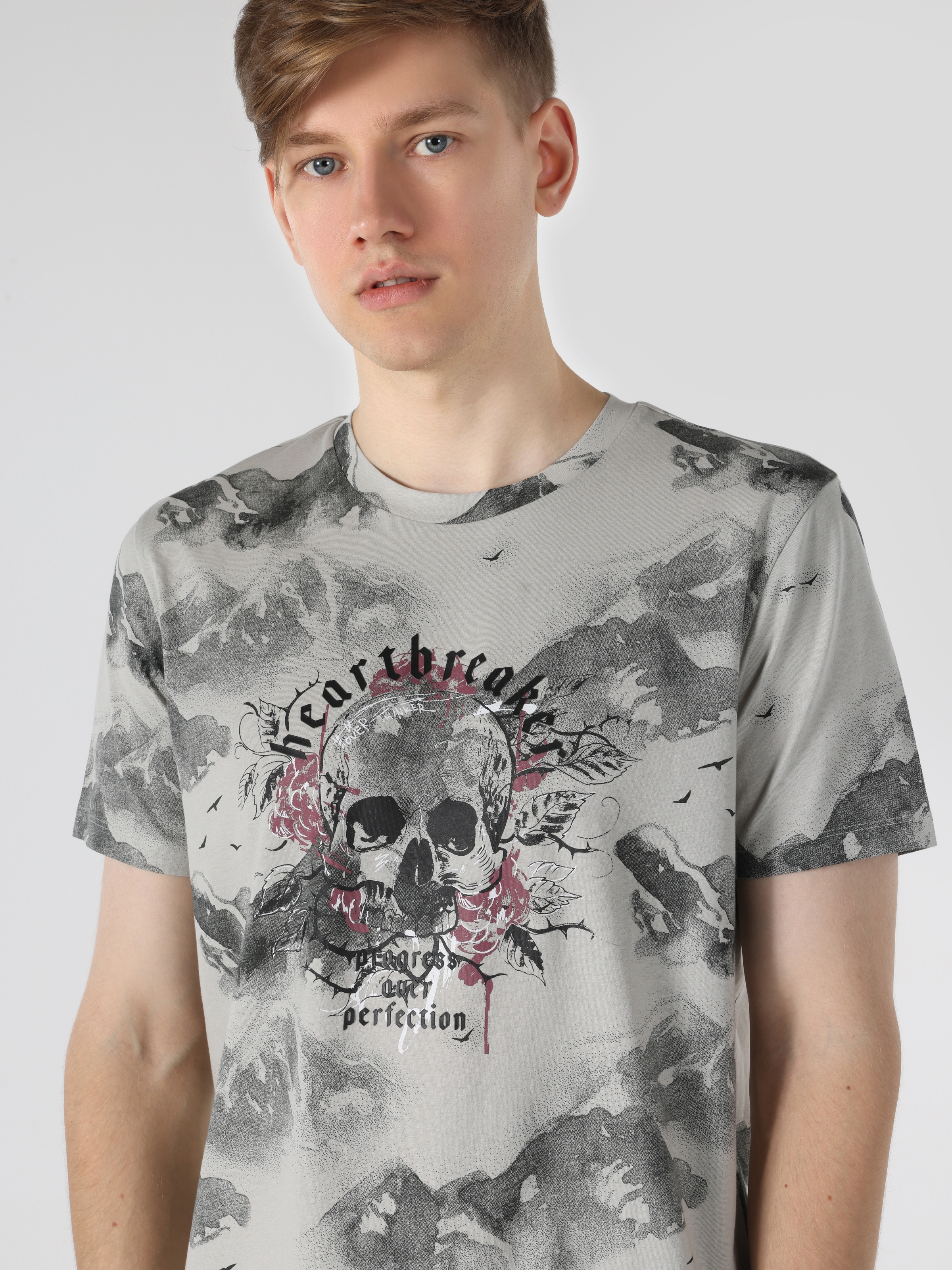 Afficher les détails de T-Shirt À Manches Courtes Pour Hommes Gris İmprimé Tête De Mort Coupe Régulière