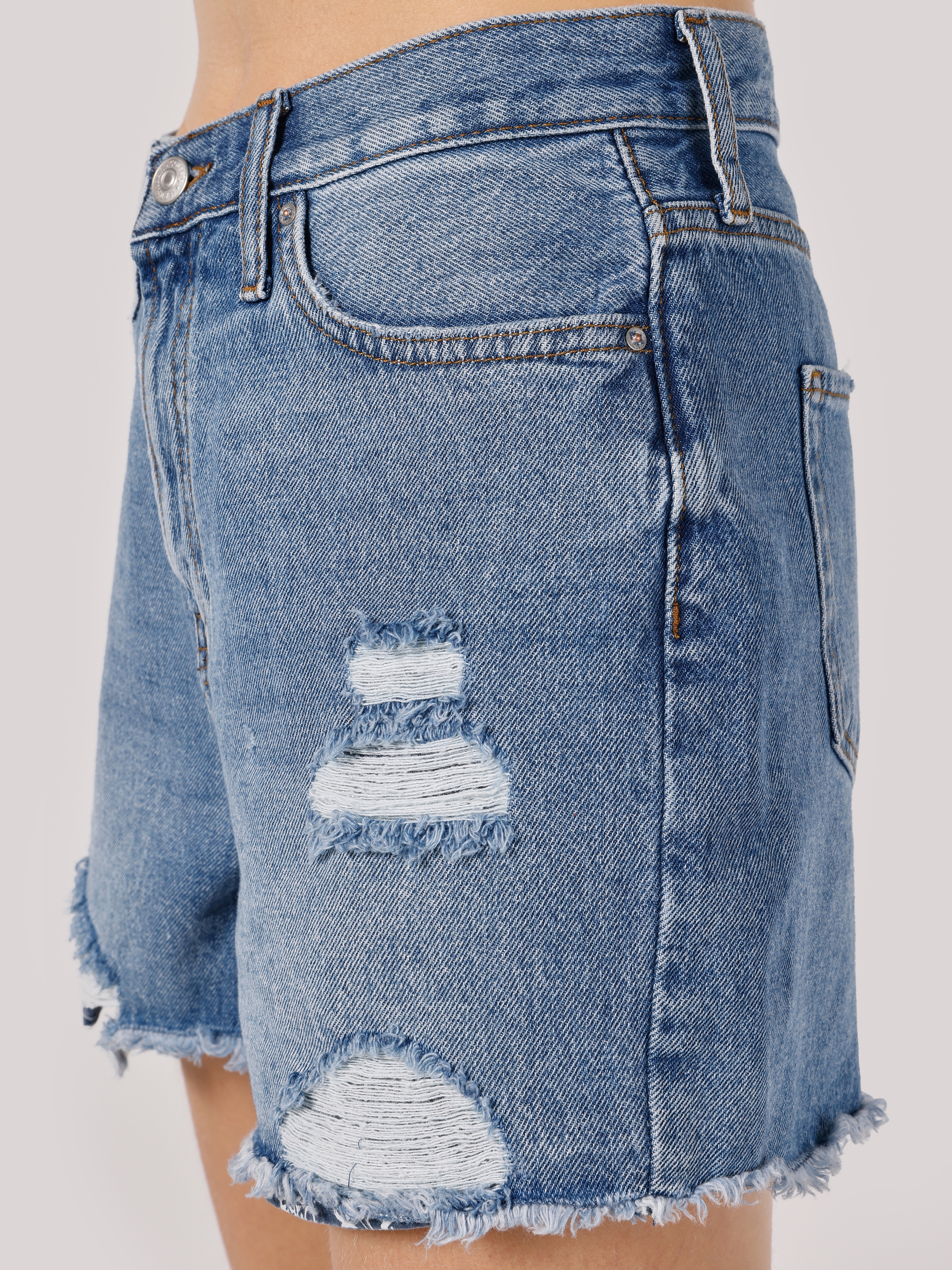 Afficher les détails de Coupe Confortable Taille Haute Déchiré Détaillé Mini Short Bleu Pour Femme