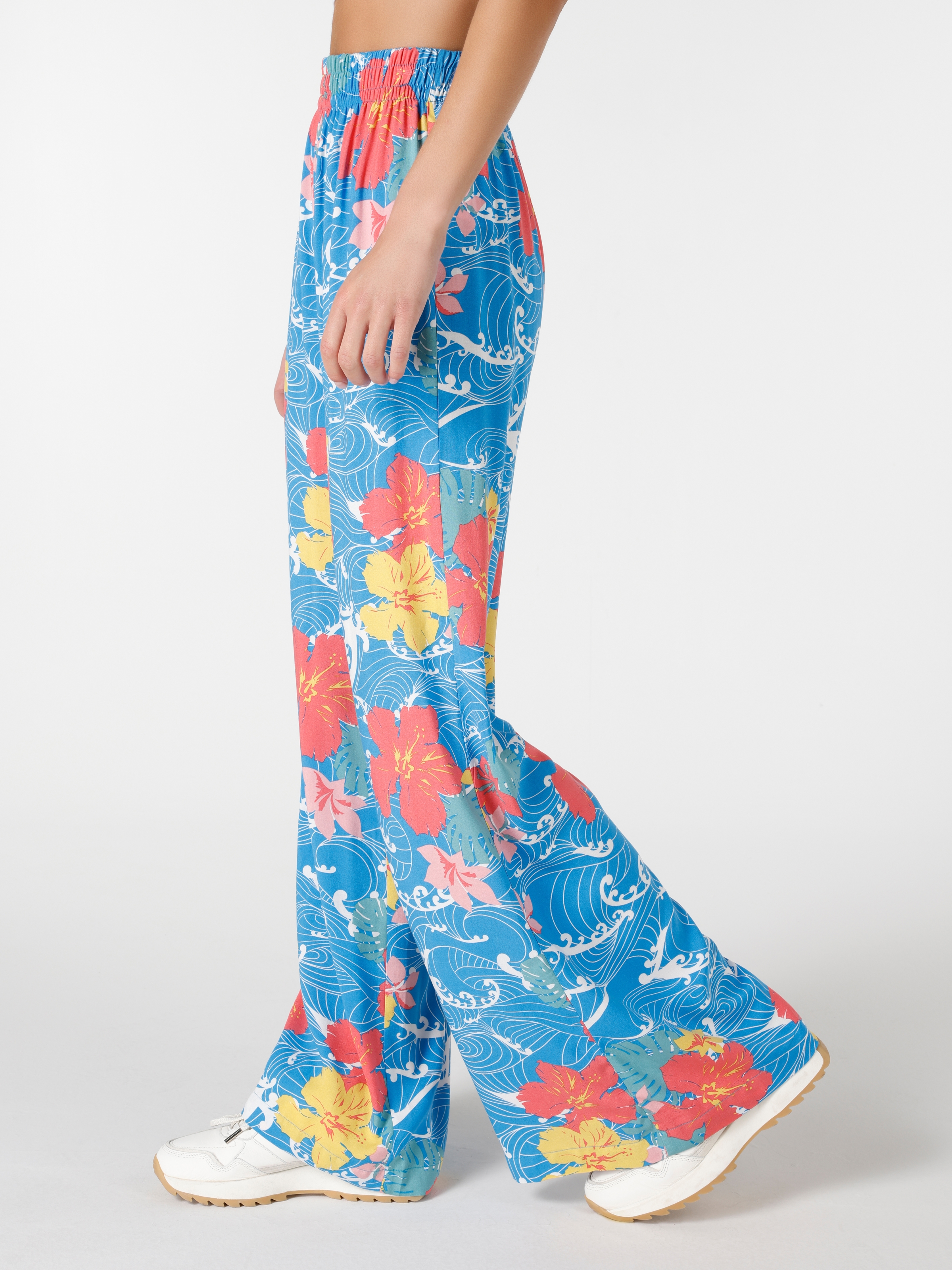 Afficher les détails de Pantalon Femme Multicolore Coupe Regular Taille Haute Élastique Jambe Large