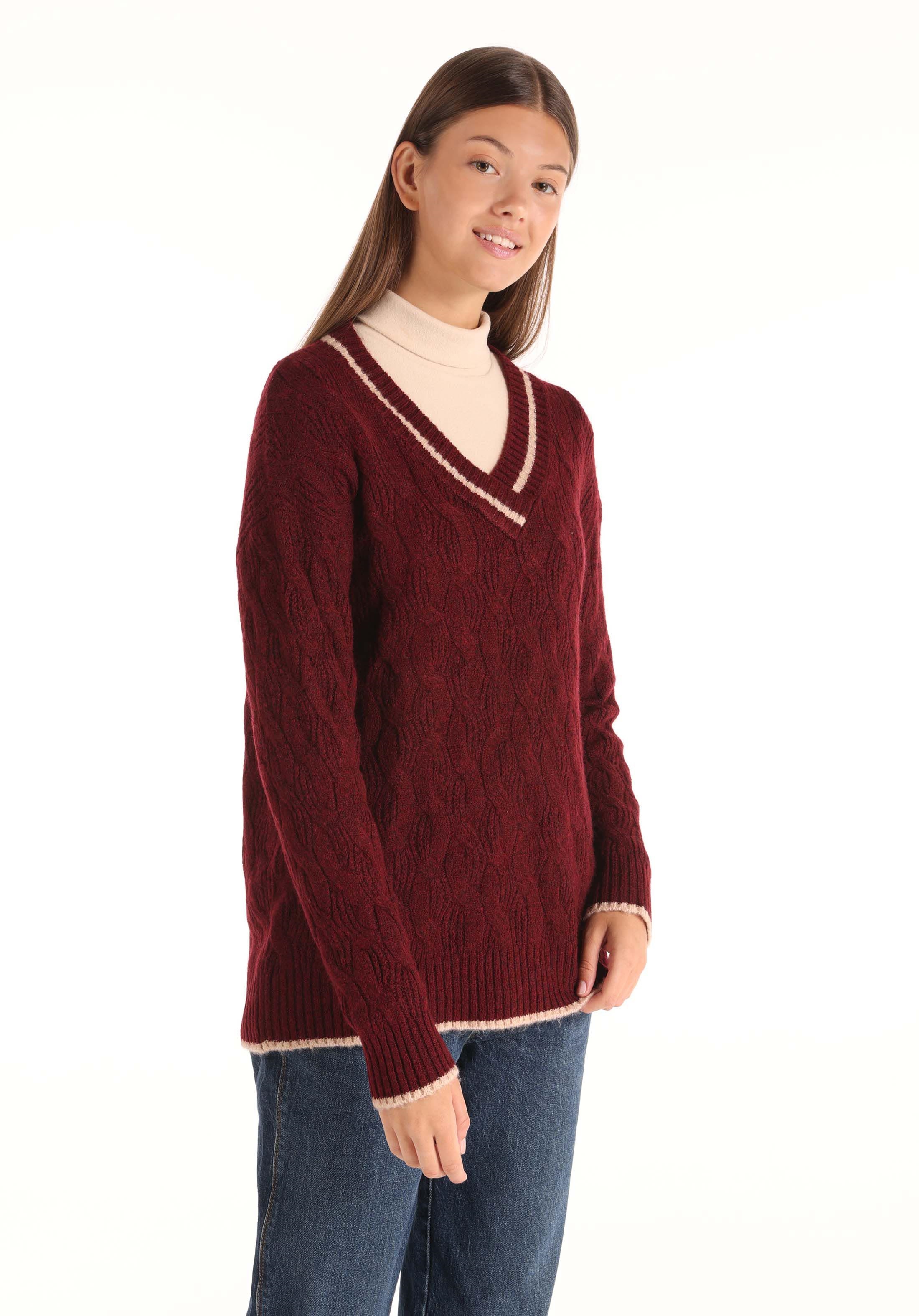 Pull Bordeaux Col V Coupe Standard Femme Cl1065285