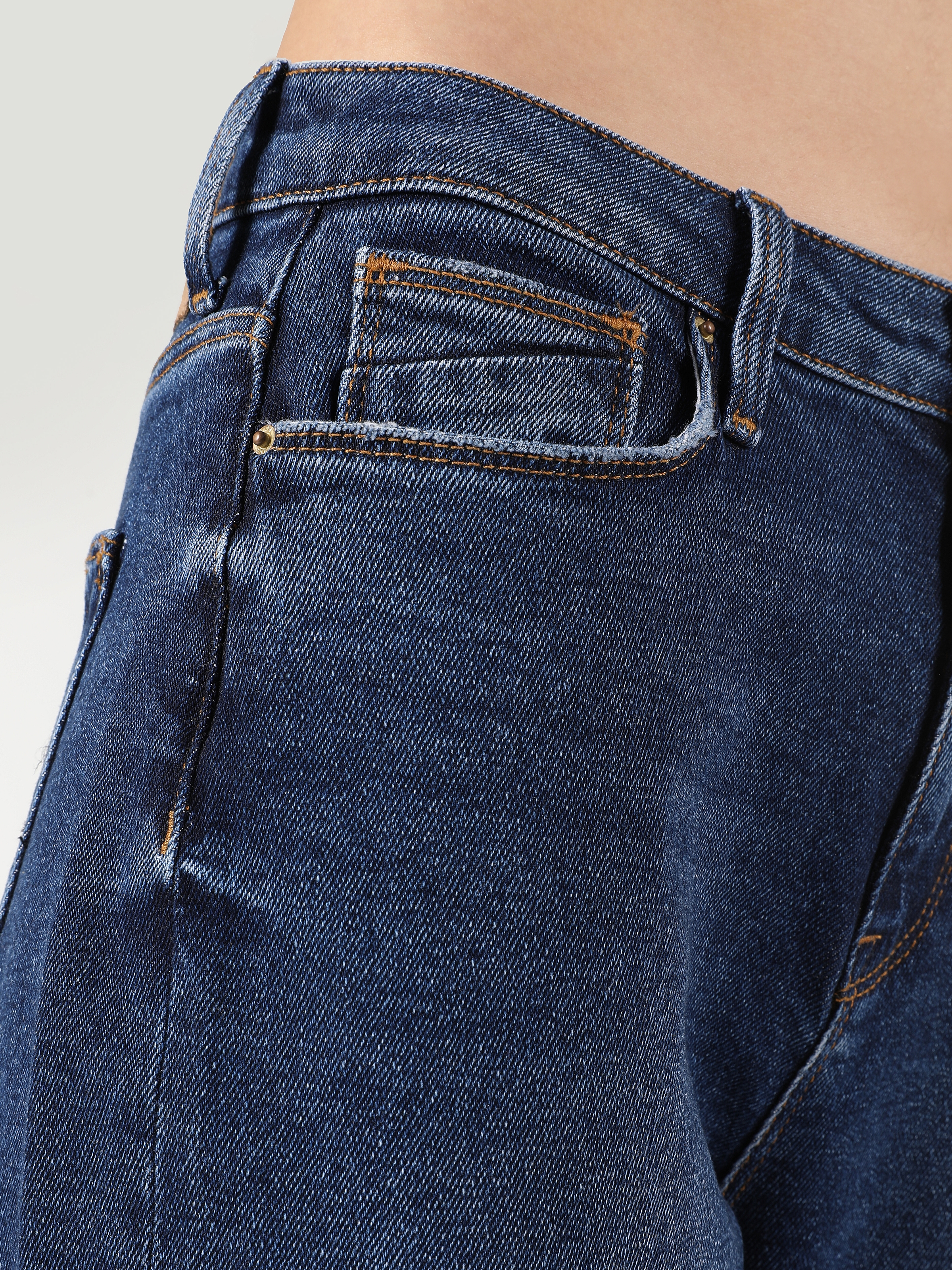 Afficher les détails de 896 Maria Pantalon En Jean Taille Haute Coupe Décontractée Jambe Droite Bleu Pour Femme