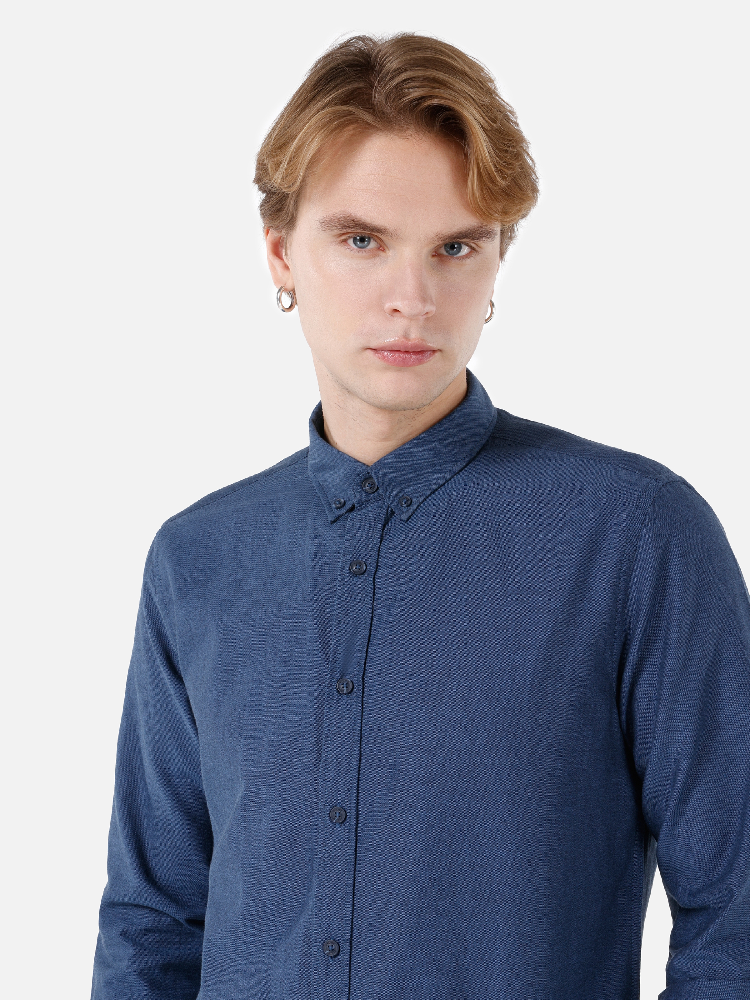 Afficher les détails de Chemise À Manches Longues Bleu Coupe Slim Col Chemise Pour Homme
