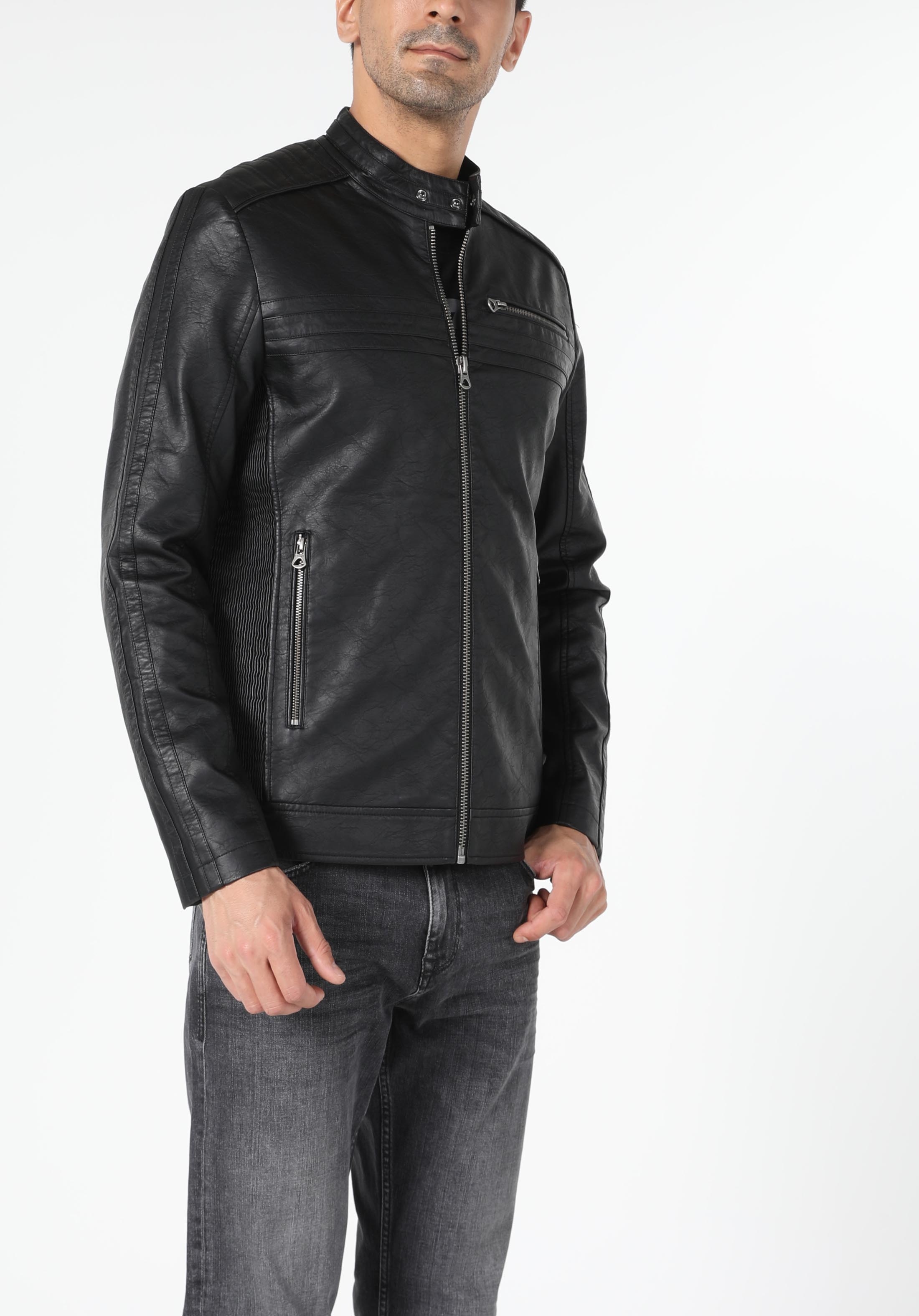 Manteau En Similicuir Noir Pour Hommes Coupe Ajustee Aspect Cuir Col Montant Pu