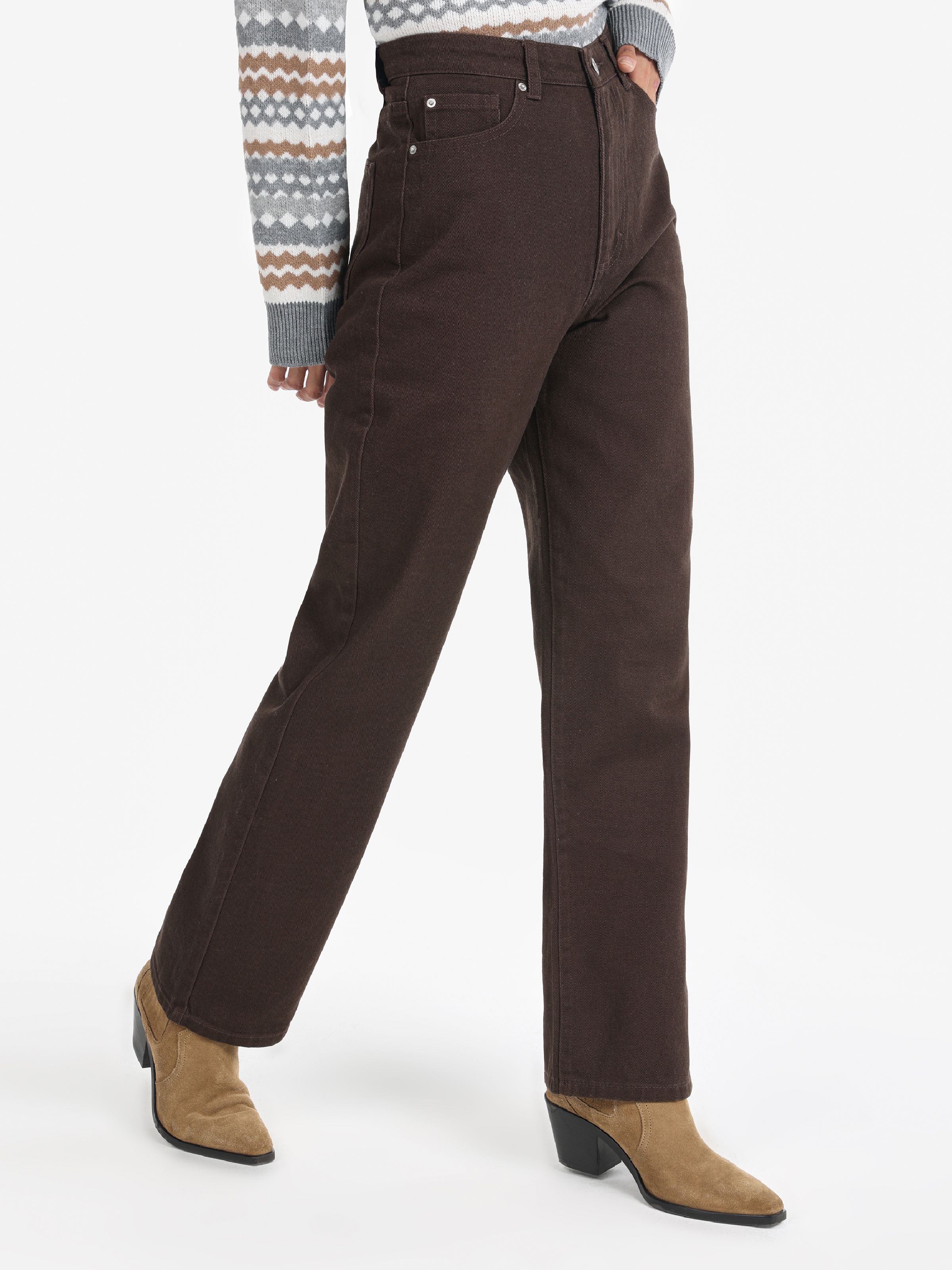 Afficher les détails de Pantalon Femme Marron Taille Haute Coupe Regular Jambe Large