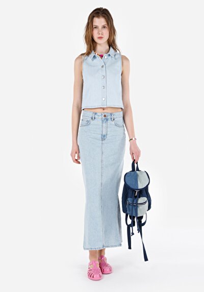 Afficher les détails de Jupe Bleu Slim Fit Droit Jean Maxi Femme