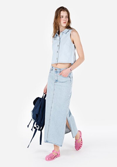 Afficher les détails de Jupe Bleu Slim Fit Droit Jean Maxi Femme