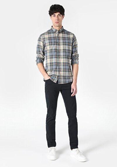 Image de Chemise À Manches Longues Bleu Slim Fit Plaid Flanelle Homme