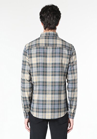 Image de Chemise À Manches Longues Bleu Slim Fit Plaid Flanelle Homme
