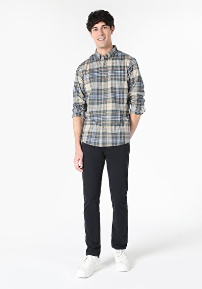 Image de Chemise À Manches Longues Bleu Slim Fit Plaid Flanelle Homme