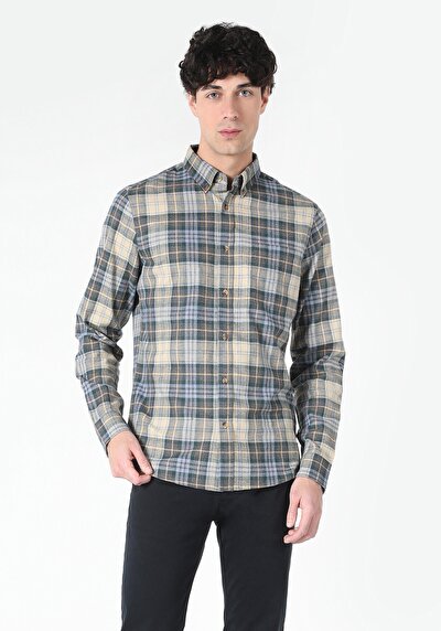 Image de Chemise À Manches Longues Bleu Slim Fit Plaid Flanelle Homme