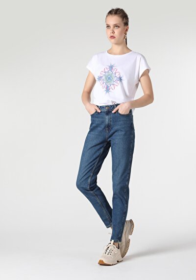 Image de 896 Maria Pantalon Bleu Tapered Leg En Mom Fit Femme