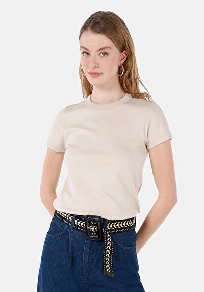 Image de T-shirt À Manches Courtes Beige Slim Fit Droit Femme