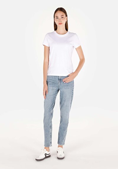 Image de 896 Maria Pantalon Bleu Tapered Leg En Mom Fit Femme