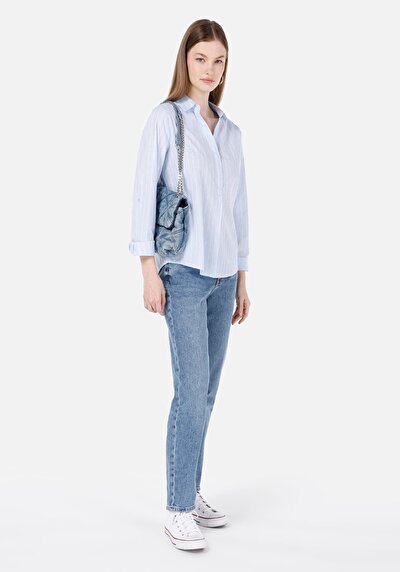 Image de 896 Maria Pantalon Bleu Tapered Leg En Mom Fit Femme