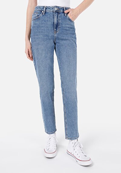 Image de 896 Maria Pantalon Bleu Tapered Leg En Mom Fit Femme
