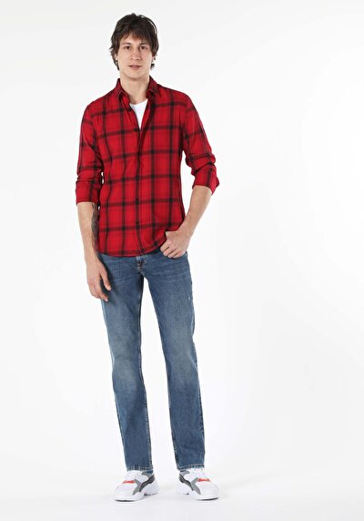 Image de Chemise À Manches Longues Rouge Slim Fit Homme