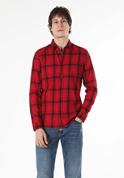 Image de Chemise À Manches Longues Rouge Slim Fit   Homme