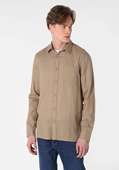 Image de Chemise À Manches Longues Beige Regular Fit Droit Gabardine Homme