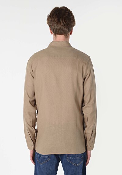 Image de Chemise À Manches Longues Beige Regular Fit Droit Gabardine Homme