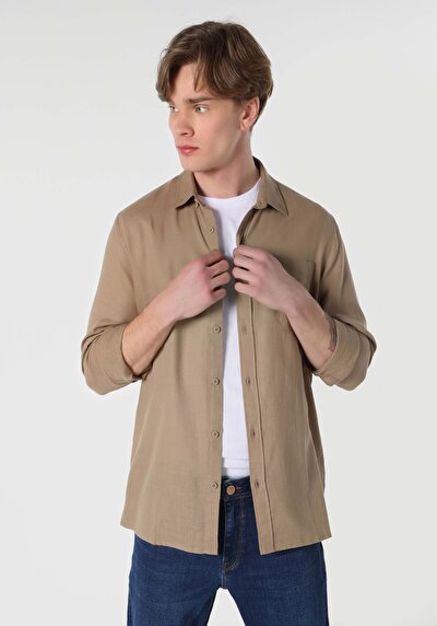 Image de Chemise À Manches Longues Beige Regular Fit Droit Gabardine Homme