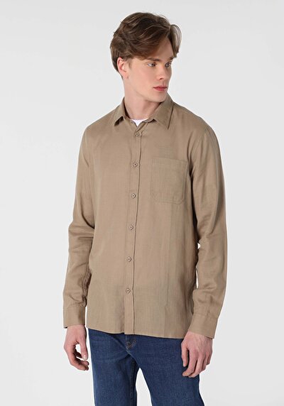 Image de Chemise À Manches Longues Beige Regular Fit Droit Gabardine Homme