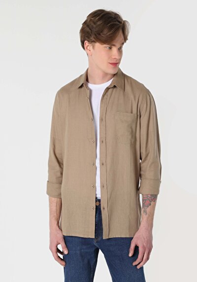 Image de Chemise À Manches Longues Beige Regular Fit Droit Gabardine Homme