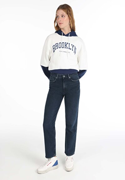 Image de 884 Lauren Pantalon Bleu Foncé Straight Leg High Rise En  Straight Fit Femme