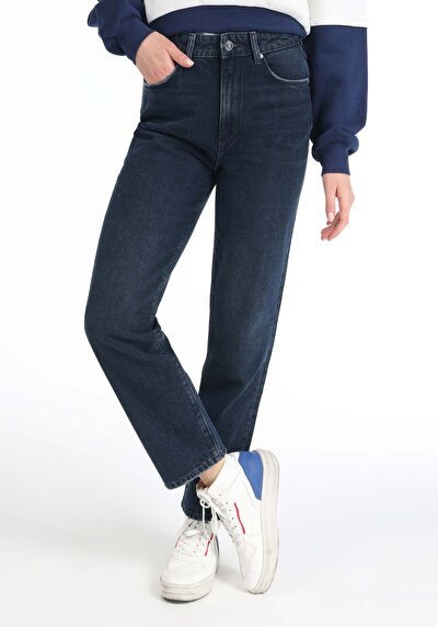 Image de 884 Lauren Pantalon Bleu Foncé Straight Leg High Rise En  Straight Fit Femme