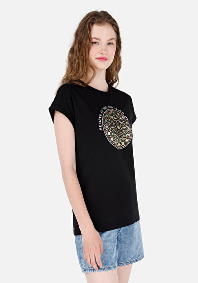 Image de T-shirt À Manches Courtes Noir Regular Fit Imprimé Femme