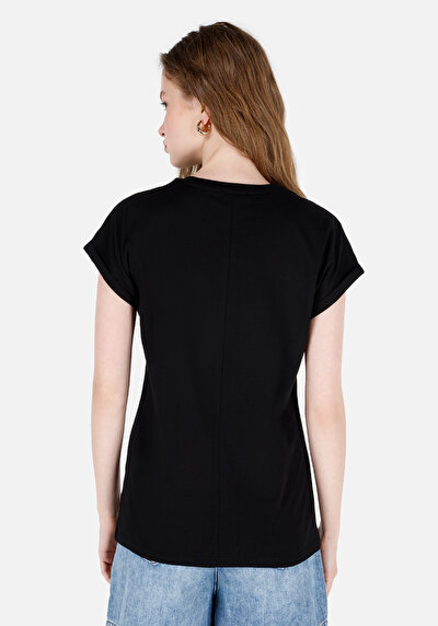 Image de T-shirt À Manches Courtes Noir Regular Fit Imprimé Femme