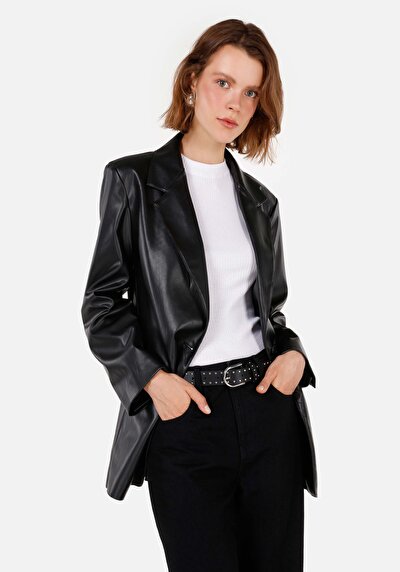 Afficher les détails de Veste Pu Noir Manches Longues  Regular Fit Femme