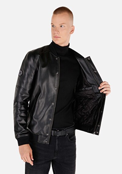Afficher les détails de Veste Pu Noir Manches Longues  Slim Fit Homme
