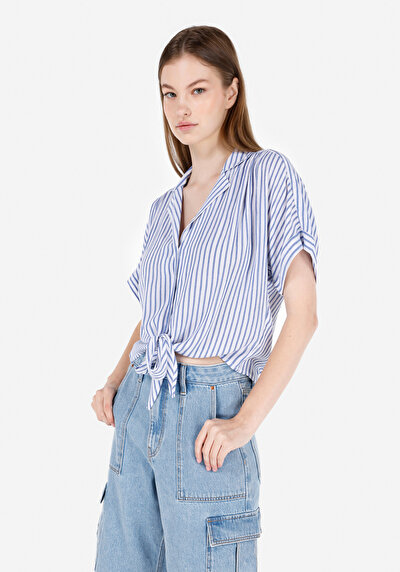 Image de Chemise À Manches Courtes Bleu Rayé Regular Fit Femme