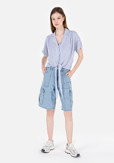 Image de Chemise À Manches Courtes Bleu Rayé Regular Fit Femme