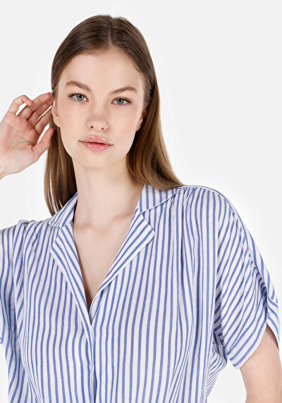 Image de Chemise À Manches Courtes Bleu Rayé Regular Fit Femme