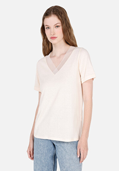 Image de T-shirt À Manches Courtes Ecru Regular Fit Droit Femme