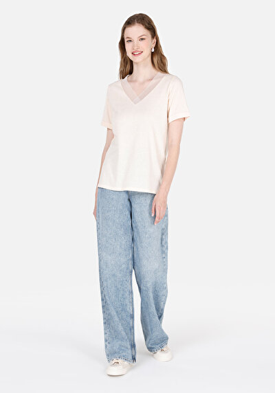 Image de T-shirt À Manches Courtes Ecru Regular Fit Droit Femme