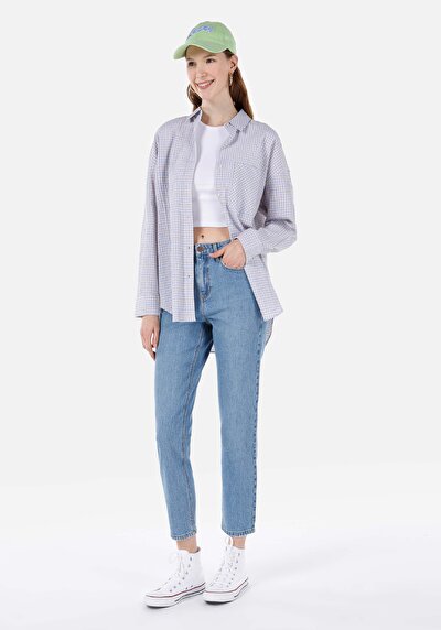 Image de 896  Maria Pantalon Bleu Tapered Leg High Rise En Jean Mom Fit Femme