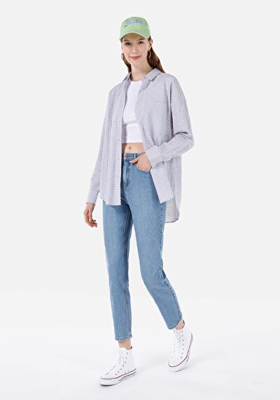 Image de 896  Maria Pantalon Bleu Tapered Leg High Rise En Jean Mom Fit Femme