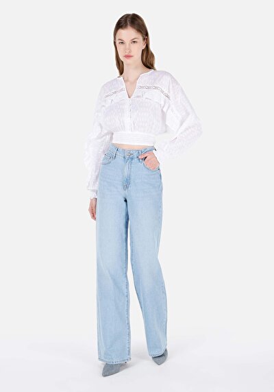 Image de 970 Berry Pantalon Bleu Wide Leg High Rise En Jean Regular Fit Femme
