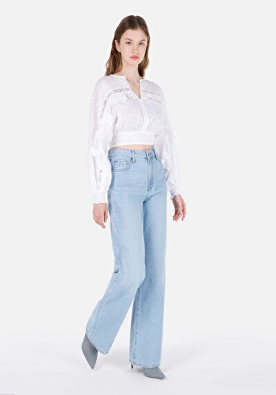 Image de 970 Berry Pantalon Bleu Wide Leg High Rise En Jean Regular Fit Femme