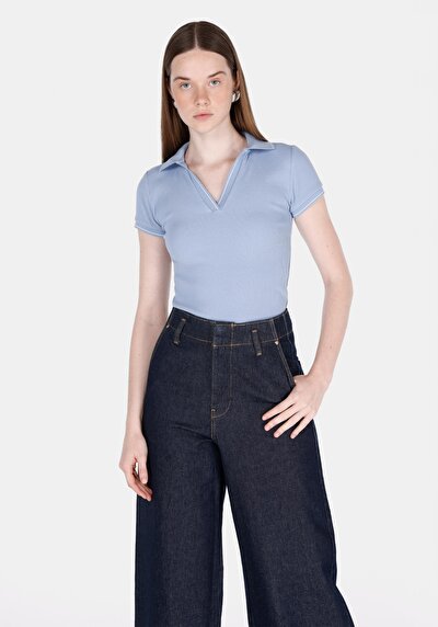 Afficher les détails de Chemise Polo À Manches Courtes Bleu Droit Slim Fit Femme