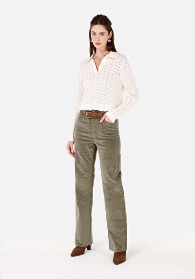 Afficher les détails de Pantalon Vert Wide Leg High Rise En Velours Regular Fit Femme