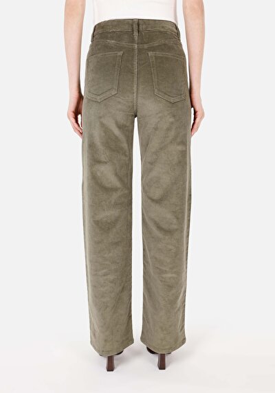 Afficher les détails de Pantalon Vert Wide Leg High Rise En Velours Regular Fit Femme