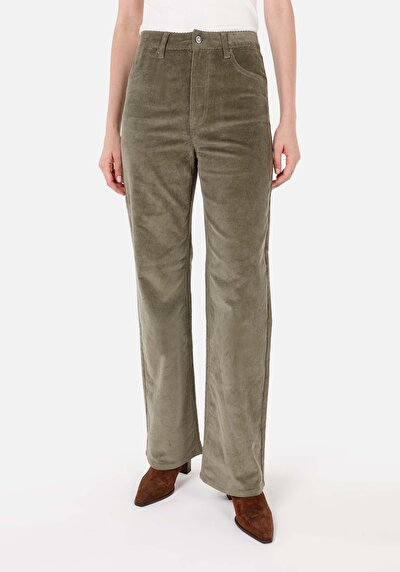 Afficher les détails de Pantalon Vert Wide Leg High Rise En Velours Regular Fit Femme