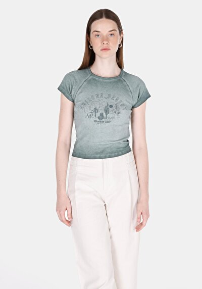 Image de T-shirt À Manches Courtes Vert Slim Fit Imprimé Femme