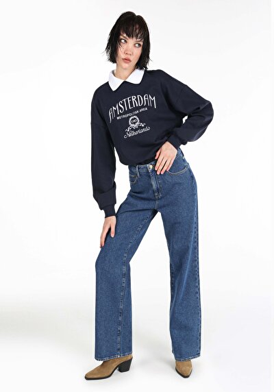 Afficher les détails de 970 Berry Pantalon Bleu Wide Leg  En  Regular Fit Femme