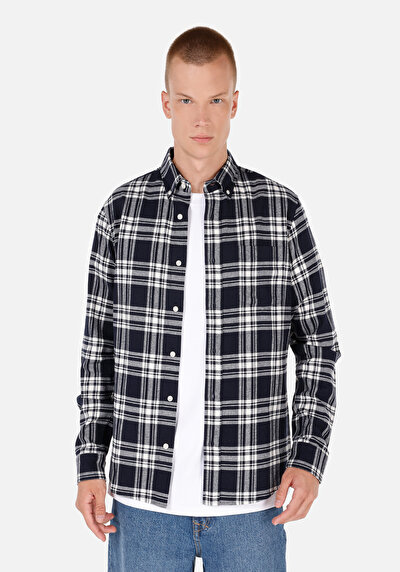 Image de Chemise À Manches Longues Marine Slim Fit Plaid Sergé Homme