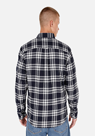 Image de Chemise À Manches Longues Marine Slim Fit Plaid Sergé Homme