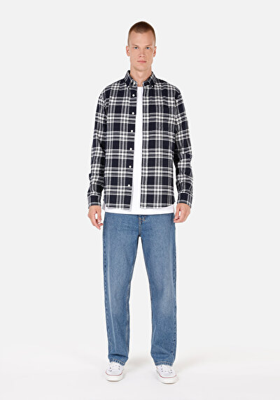 Image de Chemise À Manches Longues Marine Slim Fit Plaid Sergé Homme
